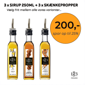 1883 Pakketilbud med 3 x sirup 250ml samt 3 tilhørende skænkepropper i krom med cap