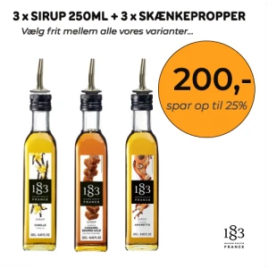 1883 pakketilbud med 3 x sirup 250ml samt 3 tilhørende skænkepropper i krom med cap