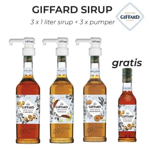 Pakketilbud Giffard Sirup 3 x 1 liter sirup + 3 x pumper + 1 gratis Guffard Karamel sirup 35cl